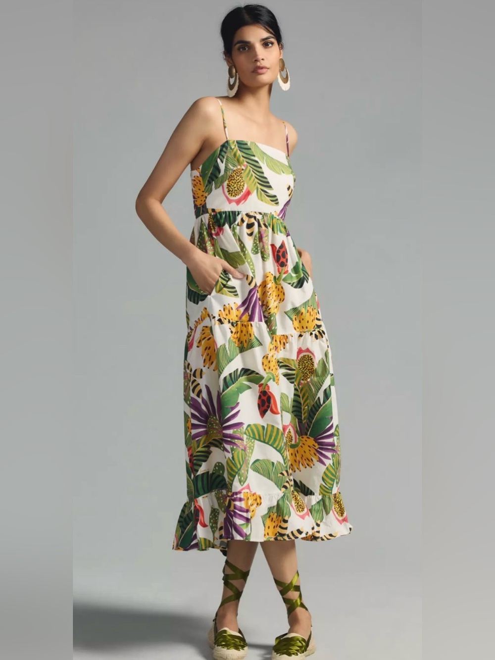 FARM Rio White Tropical-Print Spaghetti-Strap Midi Dress with Green & Yellow
